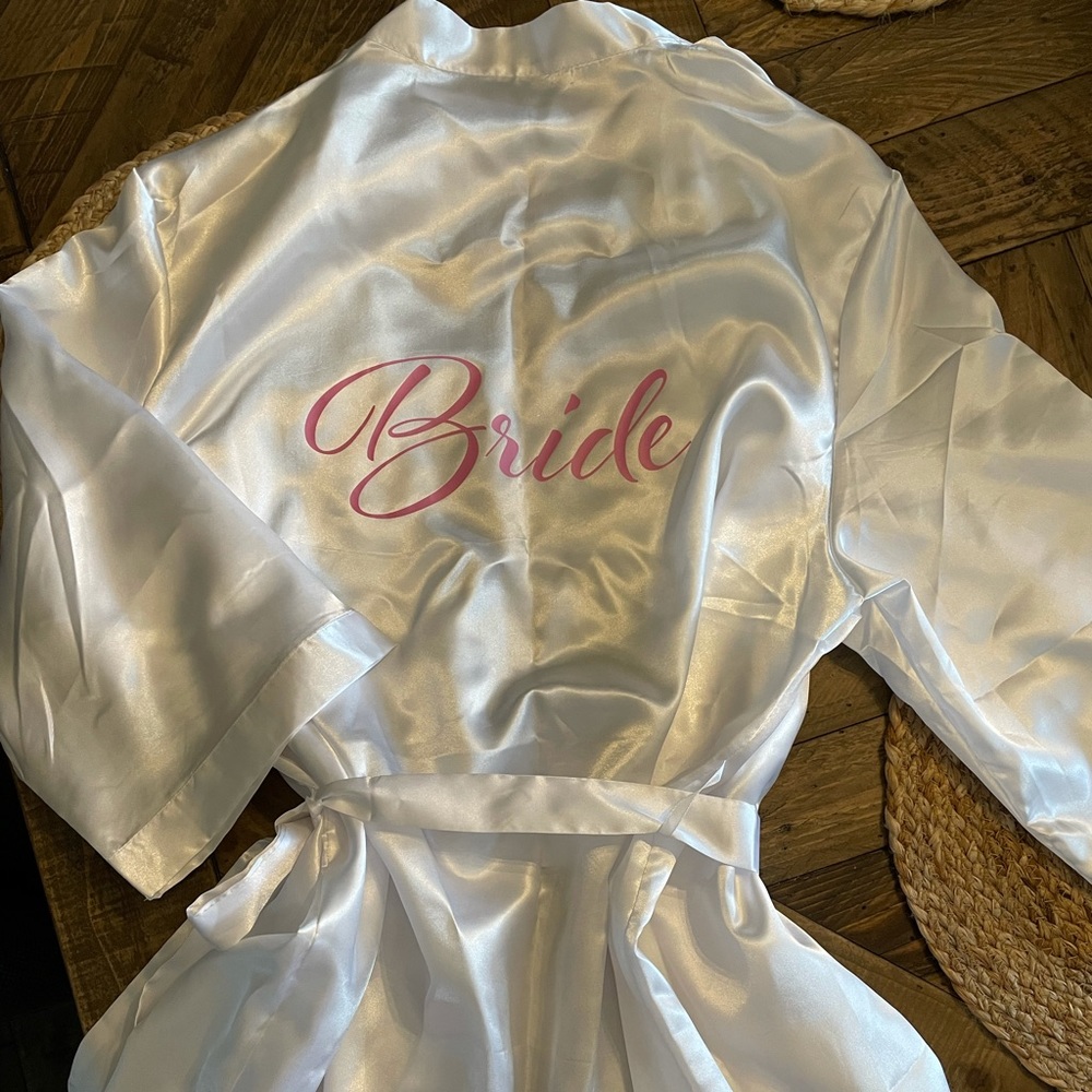 “Bride” white satin robe